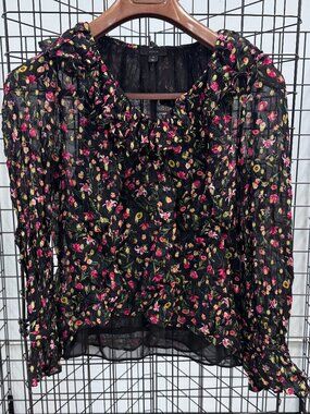 J. Crew Ruffle Peasant Blouse Black/Red/Gold Metallic Size Medium